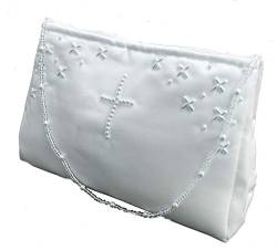 LadyMYP© Brauttasche/Brautbeutel/Handtasche mit Perlen-Blümchen und Perlen in Kreuzform mit Perlenkette für Hochzeit Kommunion weiß/ivory NEU (weiß mit Kreuz) von LadyMYP