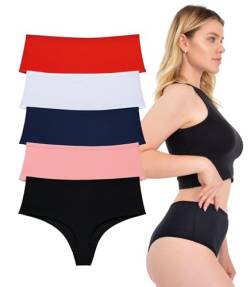 LadyMelex Damen Tangas aus Baumwolle mit hoher Taille, 5er-Packung für den täglichen Gebrauch, Rot, Schwarz, Weiß, Lachs, Marineblau von LadyMelex