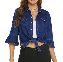 Ladyful Damen Tie Front Knoten Denim Shirt Cardigan Rüschen Ärmel Crop Jean Bluse Top, 1-dunkelblau, Mittel von Ladyful