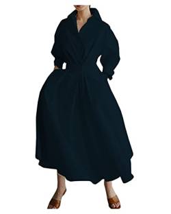 Ladyful Elegantes Baumwoll-Hemdkleid für Damen, A-Linie, langärmelig, Maxikleid, Navy Blue, Groß von Ladyful