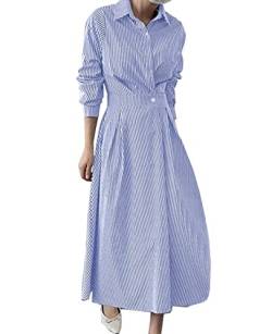 Ladyful Gestreiftes Hemdkleid für Damen, lässig, langärmelig, elegantes Maxikleid, Blau, Mittel von Ladyful
