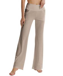 LaiEr Damen Bootcut Yogahose mit Taschen, hohe Taille, ausgestelltes Bootleg Yoga Workout Hose mit Seitentaschen, Hellbraun,XL von LaiEr