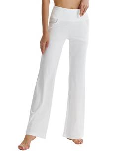 LaiEr Damen Bootcut Yogahose mit Taschen, hohe Taille, ausgestelltes Bootleg Yoga Workout Hose mit Seitentaschen, Weiß,M von LaiEr