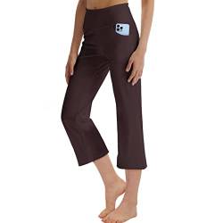 LaiEr Frauen Yoga Capri Hose mit Taschen Weites Bein Straighthose Bauchkontrolle(Brown,Large) von LaiEr
