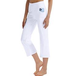 LaiEr Frauen Yoga Capri Hose mit Taschen Weites Bein Straighthose Bauchkontrolle(White,X-Large) von LaiEr