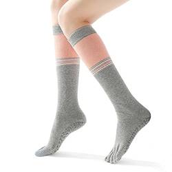 Laiiqi Kniehohe Socken, Fünf Finger Yoga Strümpfe für Frauen Baumwolle Anti-Rutsch Vollfinger Yoga Socken Pilates Übung Fitness Socken Boden Zehen Strümpfe, Graue Streifen von Laiiqi