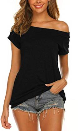 Lalala Bluse Damen Kurzarm Schulterfrei Oberteil Tops Sommer Einfarbig T Shirt (Schwarz S) von Lalala