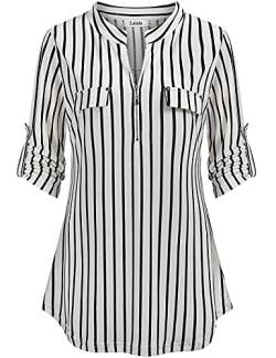 Lalala Blusenshirt Damen Langarm Elegant Business Oberteile Baumwolle Streifen Hemd Locker Tops (Weiß,L) von Lalala