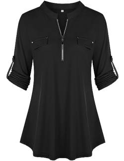 Lalala Business Kleidung Damen Sommer 3/4 Ärmel V-Ausschnitt Büro Blusen Oberteilen (A_schwarz,M) von Lalala