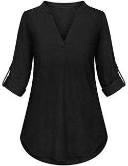 Lalala Longshirt Damen Ärmel Hochkrempeln V Ausschnitt Oberteile Casual Business Bluse (D_Schwarz,3XL) von Lalala