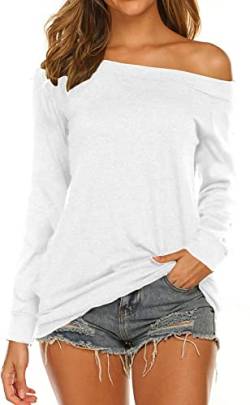 Lalala Oberteil Damen Schulterfrei Langarmshirt Locker Off Shoulder Longshirt Bluse Aweiß,XL von Lalala