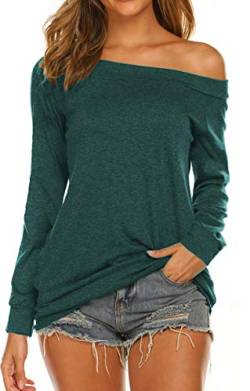 Lalala Pullover Damen Schulterfrei Sweatshirt Locker Bluse Longshirt Weihnachts T-Shirt (Grün,L) von Lalala