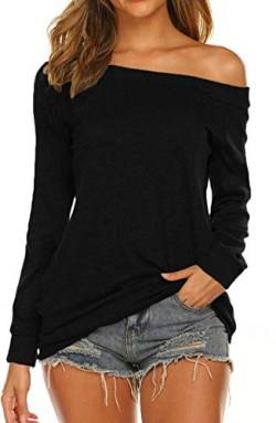 Lalala Schulterfrei Oberteil Damen Langarm Blusen Lässiges Longshirt Tops (Schwarz,S) von Lalala