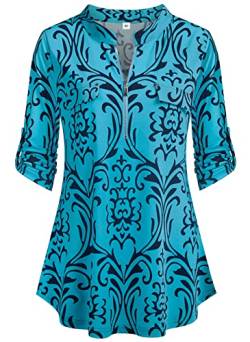 Lalala Tunika Damen Langarm V Ausschnitt Business Bluse Casual Karierte Arbeit Oberteile Shirts Turquoise M von Lalala