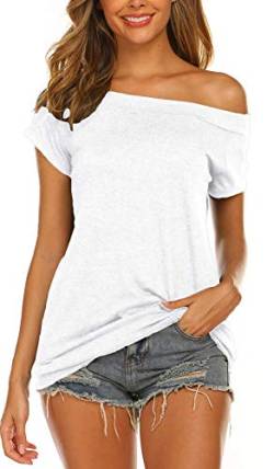 Lalala Tunika Damen T-Shirt Kurzarm Schulterfrei Bluse Oberteile Locker Tops (A-Weiß XL) von Lalala