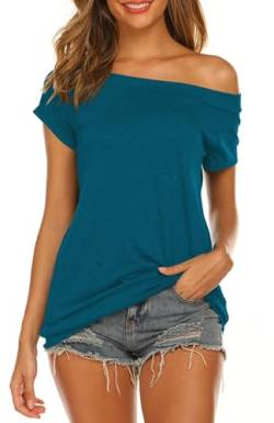 Lalala Tunika Sommer Oberteile Frauen T-Shirt Kurzarm Shirt Runhals Tops Bluse Pfauenblau,XL von Lalala