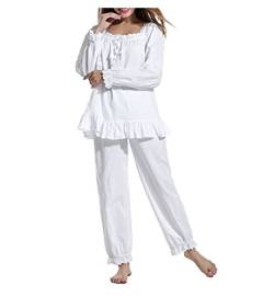Elegant Damen Nachthemd Schlafanzüge Nachtwäsche Sleepwear Langarm Schlafanzug mit Pyjama-Hose Baumwoll von Lalander