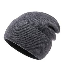 Lallier Beanie aus 100% Merinowolle mit Fleecefutter für Damen und Herren, gerippte, warme Wintermütze aus Reiner Wolle mit Geschenkbox, Dunkelgrau von Lallier