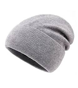 Lallier Beanie aus 100% Merinowolle mit Fleecefutter für Damen und Herren, gerippte, warme Wintermütze aus Reiner Wolle mit Geschenkbox, Hellgrau von Lallier