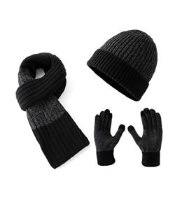 Lallier Winter 3-teiliges Herren Wolle Mütze Schal Handschuhe Set, Warmes Beanie Skull Cap Schal Thermohandschuh Set für Herren, Schwarz von Lallier