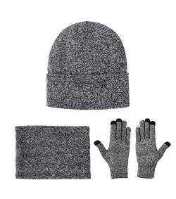Lallier Winter 3-teiliges Hut-Schal-Touchscreen-Handschuh-Set für Männer und Frauen, Beanie-Handschuhe, Halswärmer-Set mit Strickfleece gefüttert (Hellgrau) von Lallier