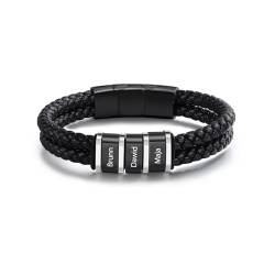 Lam Hub Fong Armband Herren Personalisiert Lederarmband mit Gravur 1-5 Namen Herrenarmband Leder Schwarz Anpassen Armband Geschenk für Vatertag Weihnachtsfeiertag Geburtstag von Lam Hub Fong