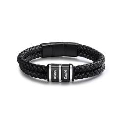 Lam Hub Fong Armband Herren Personalisiert Lederarmband mit Gravur 1-5 Namen Herrenarmband Leder Schwarz Anpassen Armband Geschenk für Vatertag Weihnachtsfeiertag Geburtstag von Lam Hub Fong