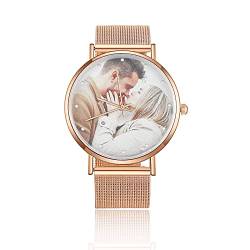 Lam Hub Fong Personalisiert Foto Armbanduhr für Damen mit Gravur Text Fashion Uhr Metallarmband Rosegold Schwarz Zifferblatt Wasserdicht Geburtstagsgeschenk für Mutter Freundin Familie (Roségold) von Lam Hub Fong