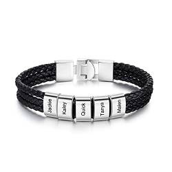 Lam Hub Fong Personalisierte Herren Armband mit 1-4 Namen Gravur Geflochtenes Lederarmband Silber Armband Freund Vater Sohn Geschenk für Jubiläum Valentinstag Vatertag (5 Name) von Lam Hub Fong