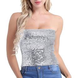 Lamala Damen Funkelnde Pailletten Crop Tube Top Bauchtanz KostüM Party Clubwear Glitzer TräGerlos Schulterfrei Dehnbar Bandeau Pailletten Tops FüR Frauen Party Nacht von Lamala