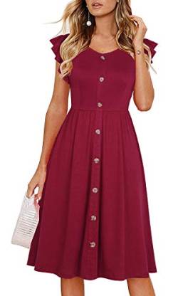 Lamilus Damen Sommer Casual Rüschenärmel Knopfleiste A-Linie Swing Kleid - Rot - Klein von Lamilus