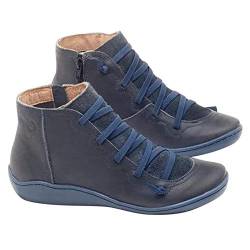 Lanbowo Stiefel Damen Leder Stiefeletten Herbst Vintage Schnürer Damen Schuhe Bequem Flach Absatz Stiefel Reißverschluss Kurze Stiefel - Blau, 39 von Lanbowo