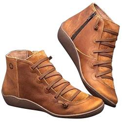 Lanbowo Stiefel Damen Leder Stiefeletten Herbst Vintage Schnürer Damen Schuhe Bequem Flach Absatz Stiefel Reißverschluss Kurze Stiefel - Braun, 41 von Lanbowo
