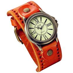 Lancardo 2pcs Herren Damen Armbanduhr, Klassische Casual Analog Quarz Uhr mit römische Ziffern Zifferblatt, Leder Armband, orange von Lancardo