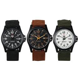 Lancardo 3PCS Klassik Herren Armbanduhr, Retro Nylon Band Quarz Analog Uhr, Sport Kalender Herrenuhr mit Digital Zifferblatt, Schwarz Braun Grün von Lancardo