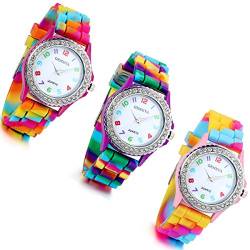 Lancardo Analoge Quarz-Armbanduhr, Gelee, Rainbow, Silikonarmband, elektronisches Armband mit künstlichen Diamanten, mit bunten arabischen Ziffern, für Damen Streifen von Lancardo
