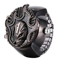 Silverora Ringuhr Flammenschädel Fingeruhr Halloween Uhren- Damen Herren Flamme Totenkopf Analoge Quarzuhr Elastisch Edelstahl Ring Uhr Punk Offener Uhrenring Geschenke für Männer Frauen Schwarz von Lancardo