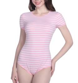 Landofgenie Bodys für Damen Einteiler Bodysuit Jumpsuit Baumwolle Kurzarm Nette Onesie Pyjamas Nachtwäsche Tops Shirt Rosa Streifen 3XL von Landofgenie