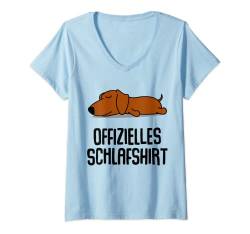 Damen Offizielles Schlafshirt Pyjama Hund Dackel Lustig Geschenk T-Shirt mit V-Ausschnitt von Langschläfer Morgenmuffel Schlafanzug Geschenkidee