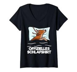 Offizielles Schlafshirt Hirsch Pyjama Nachthemd Sleep T-Shirt mit V-Ausschnitt von Langschläfer Morgenmuffel Schlafanzug Geschenkidee