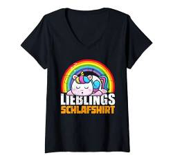Damen Regenbogen Nachthemd Magisches Einhorn Pajama Schlafshirt T-Shirt mit V-Ausschnitt von Langschläfer Schlafshirt Pajama Schlafen
