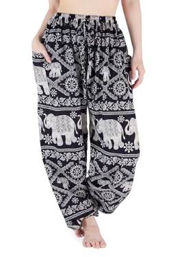 Lannaclothesdesign Damen Elefant Hippie Boho Yoga Haremshose - Schwarz - X-Groß von Lannaclothesdesign