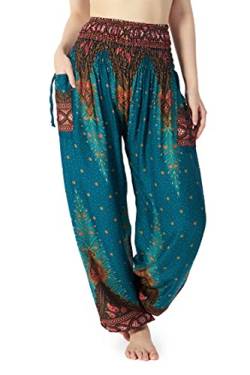 Lannaclothesdesign Damen Gesmokte Taille Boho Flowy Yoga Haremshose Hippie Kleidung, Blaugrün Pfau 2, XX-Large von Lannaclothesdesign