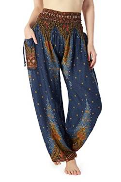 Lannaclothesdesign Damen Gesmokte Taille Boho Flowy Yoga Haremshose Hippie Kleidung, Dunkelblauer Pfau 2, Groß von Lannaclothesdesign