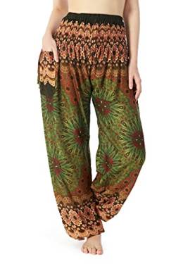 Lannaclothesdesign Damen Gesmokte Taille Boho Flowy Yoga Haremshose Hippie Kleidung, Grüne Blume Mandalala, Mittel von Lannaclothesdesign