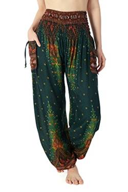Lannaclothesdesign Damen Gesmokte Taille Boho Flowy Yoga Haremshose Hippie Kleidung, Grüner Pfau 2, Klein von Lannaclothesdesign