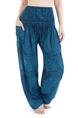 Lannaclothesdesign Harem Hippie Hose für Damen Yoga Boho Lange Strand Sommer Kleidung PJ, Blaugrüne Doppelrose, XX-Large von Lannaclothesdesign