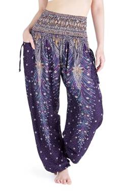 Lannaclothesdesign Haremshose für Damen, gesmokte Taille, Pfauen-Druck, Hippie-Stil, Bohemian-Stil, violett, X-Groß von Lannaclothesdesign