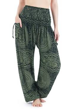 Lannaclothesdesign Haremshose für Damen, hohe Taille, Bohemian-Yogahose mit Taschen, Boho-/Hippie-Kleidung, Grün Double Rose, Groß von Lannaclothesdesign