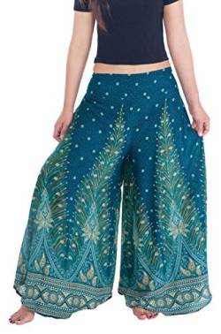 Lannaclothesdesign Palazzo Hose für Damen Weites Bein Boho Harem Yoga Hose S M L XL Größen, Blaugrüner Pfau, Medium Extra Lange von Lannaclothesdesign